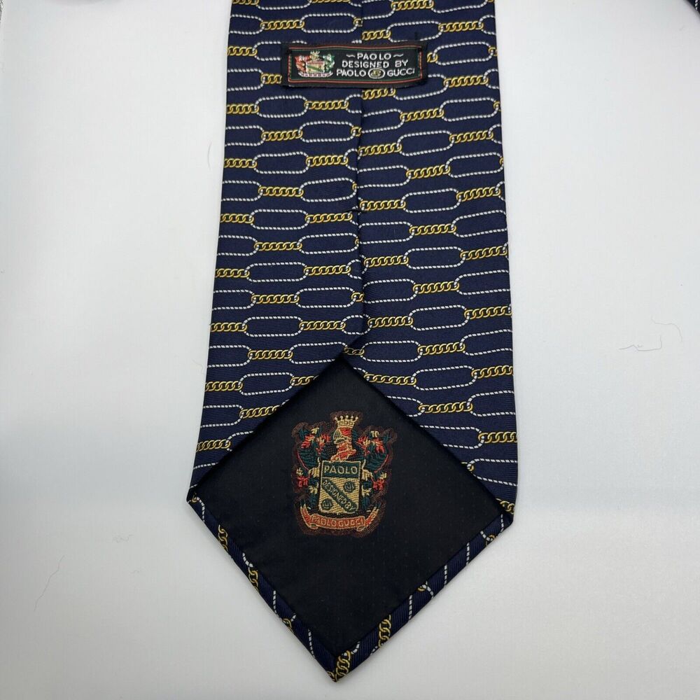 PAOLO GUCCI TIE Vintage Designer Men’s Silk Necktie Blue, Silver & Gold Link